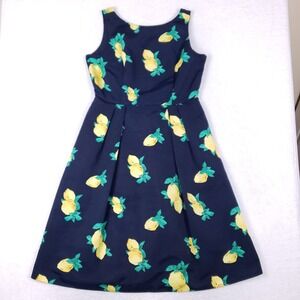 Eva Mendes Lemon Print Fit & Flare Dress 14 Navy